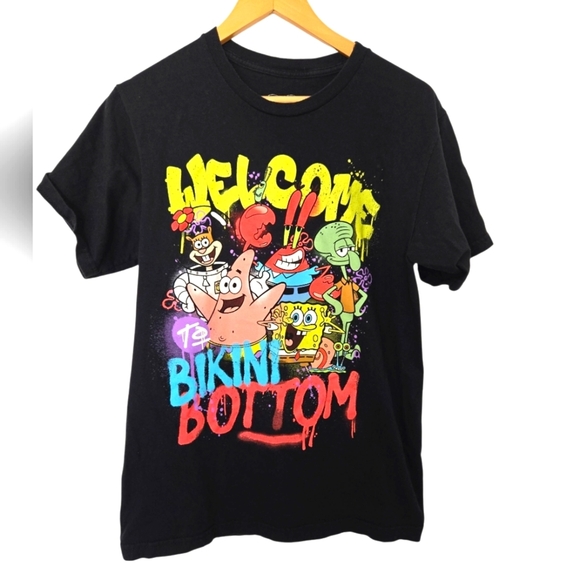 SpongeBob Squarepants Tops - SpongeBob SquarePants Black Tee with Colorful Bikini Bottom Design Size Medium